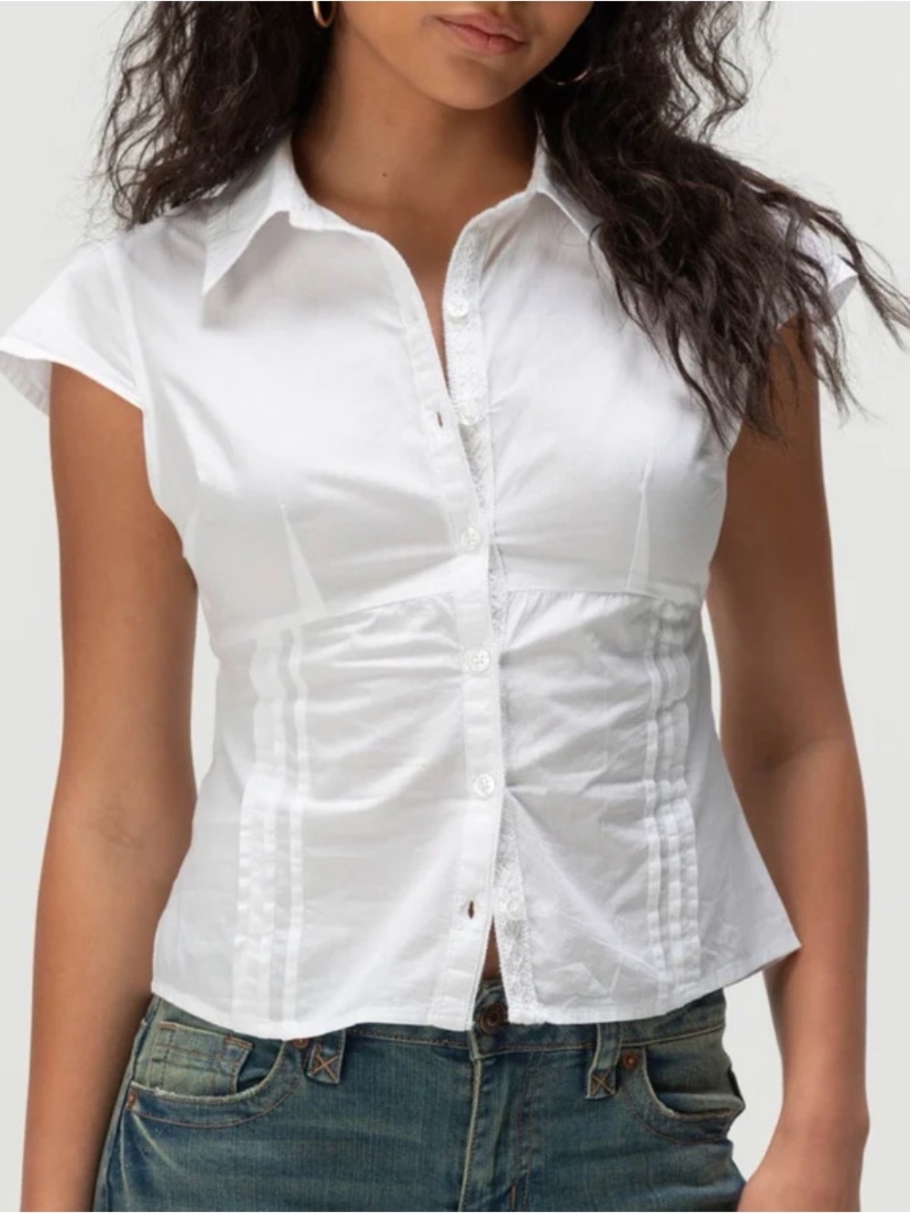 Brandy Melville White Cap-Sleeve Button Down Shirt